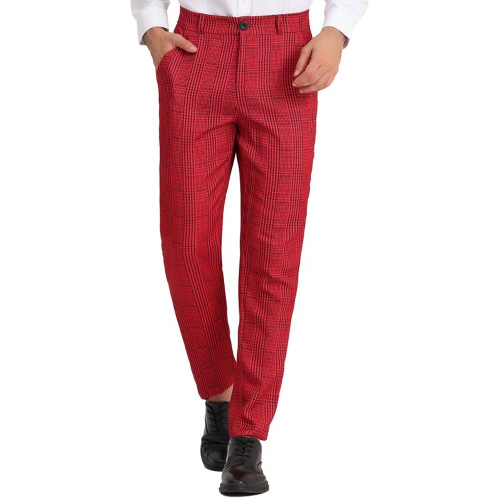 Houndstooth Plaid Printed Color Block Flat Front Dress Pants Red